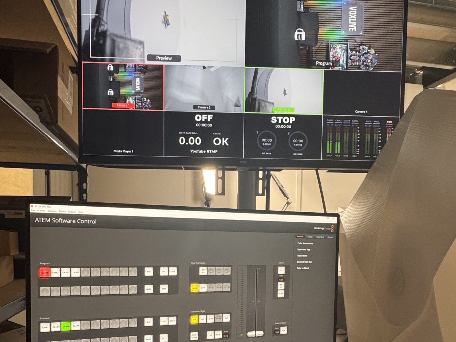 ATEM software control and multiview monitor in the Vox Live control area